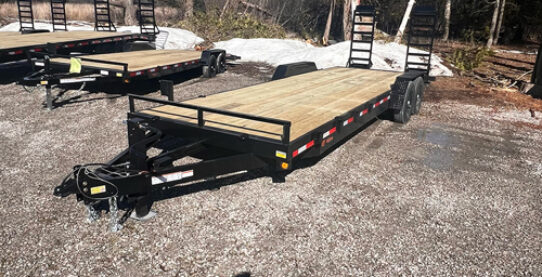 2025 Quality Steel & Aluminum 14K Equipment Hauler loaded and ready for heavy-duty transportation.