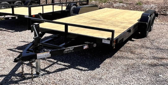 2025 BNM 7x18 Car/Toy Hauler with rear beavertail, pullout ramps, and black wheels